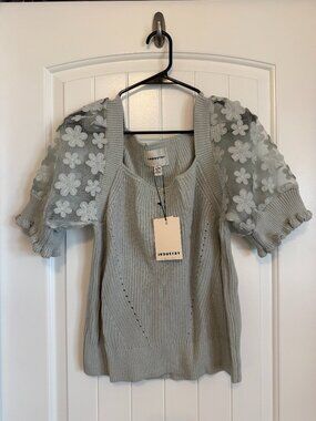 NWT Industry sage green knit top with sheer mesh puff sleeves. Size XL